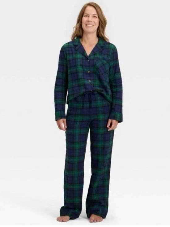 Nwt Womens Plaid Flannel Long Sleeve Button Shirt Pants Pajama Set Navy Large